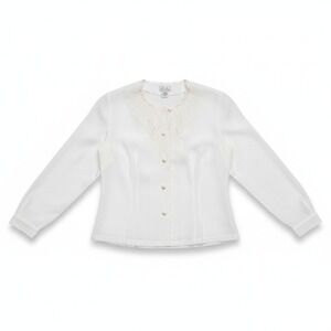 Anne Carson White Embroidered Cutout Scalloped Button Down Blouse, Women's PS